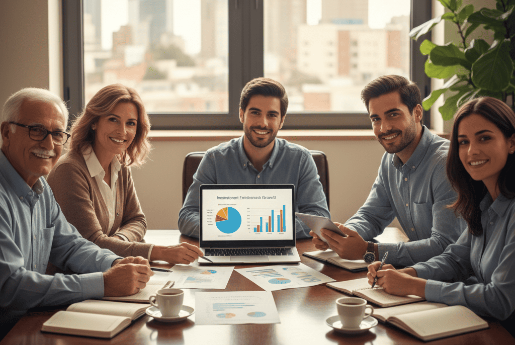 Familia multigeneracional sentada alrededor de mesa de conferencia revisando planes de inversión, ambiente cálido y profesional