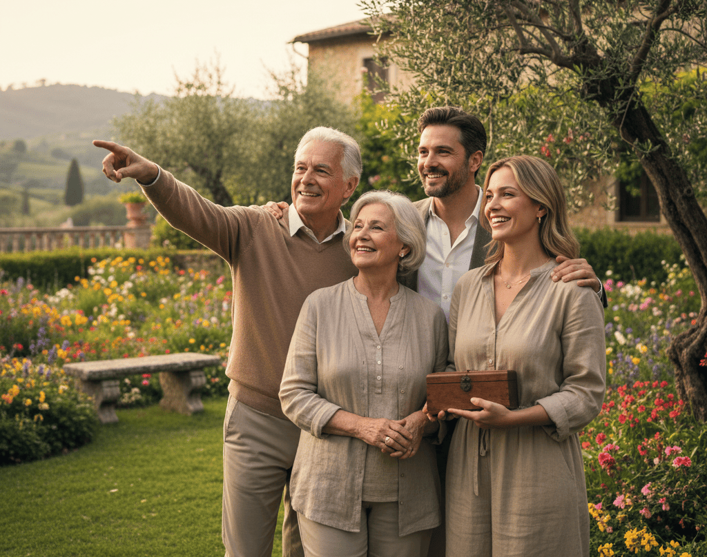 Foto de familia multigeneracional posando juntos en jardín familiar, transmisión de valores y herencia entre abuelos, padres e hijos adultos