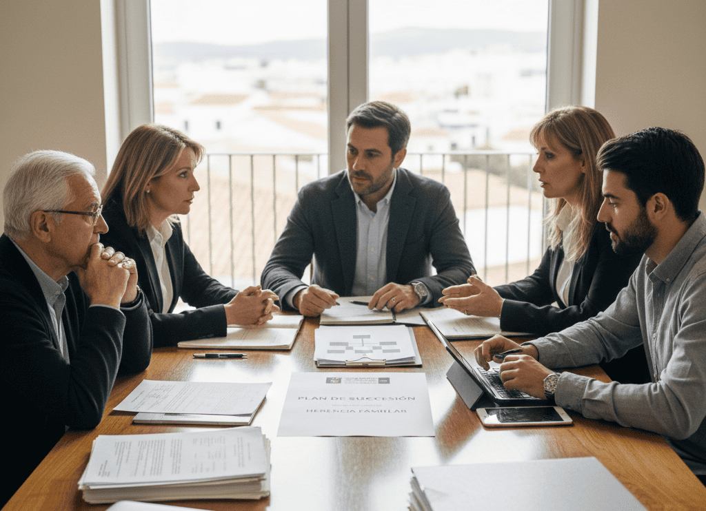 Generaciones de una familia reunidas alrededor de una mesa discutiendo planes de sucesión, con documentos legales y herencia