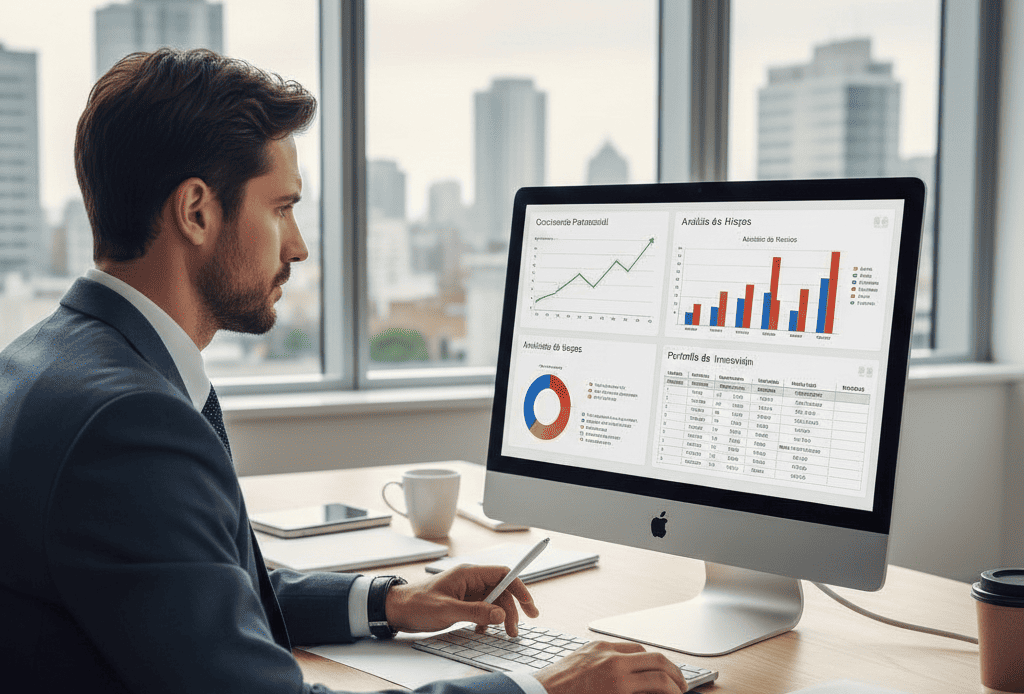 Profesional de finanzas creando plan de inversión detallado con gráficos de crecimiento patrimonial y análisis de riesgos en pantalla de computadora