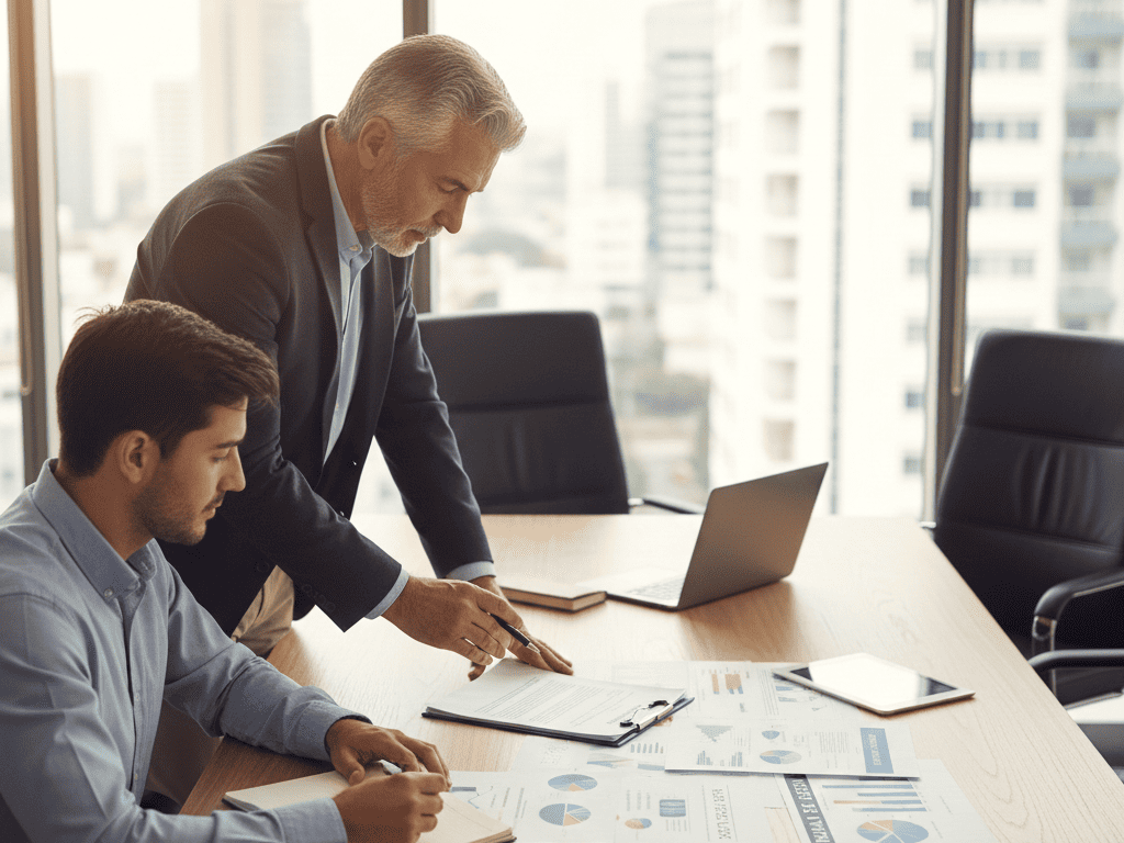 Padre empresario senior entrenando a hijo adulto en sala de junta, documentos de planes de sucesión sobre mesa de madera pulida, dos generaciones trabajando juntas